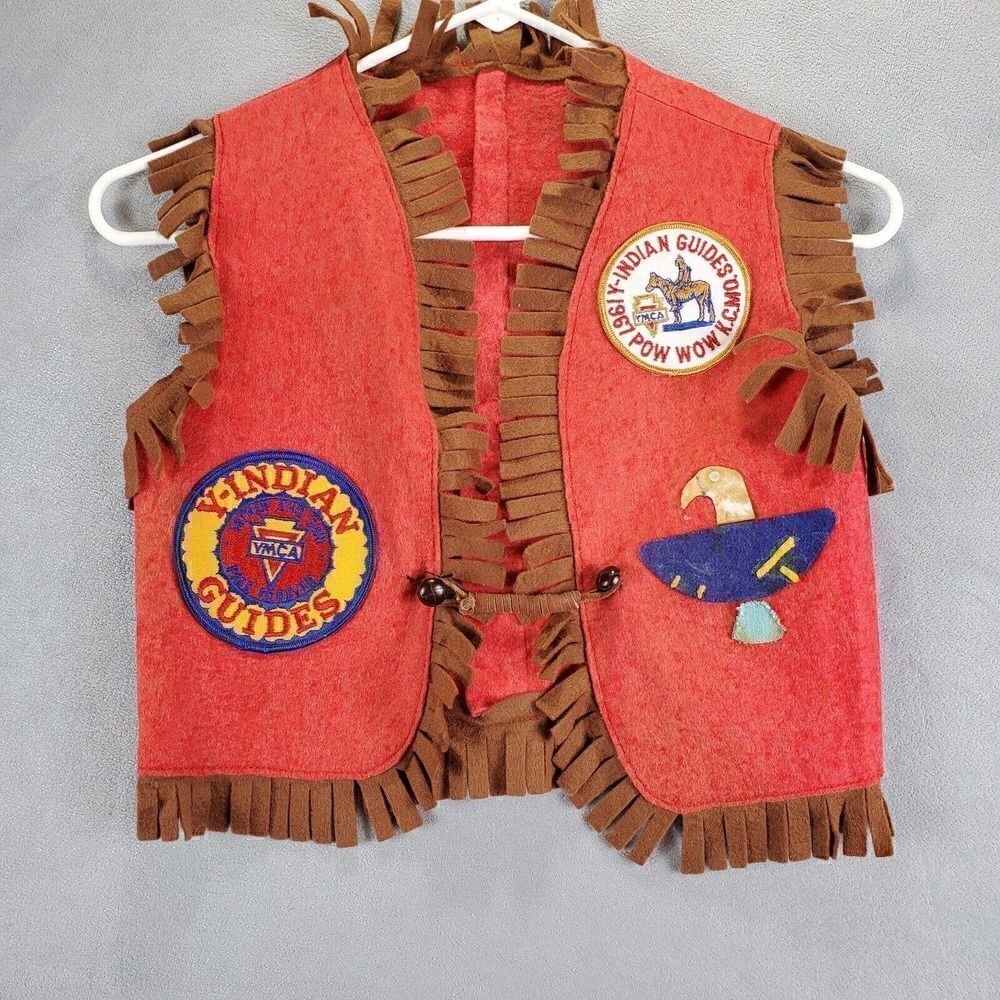 Vtg YMCA Y Indian Guides Vest Youth Medium Red Pow Wow Felt Fabric Prairi Kee KC